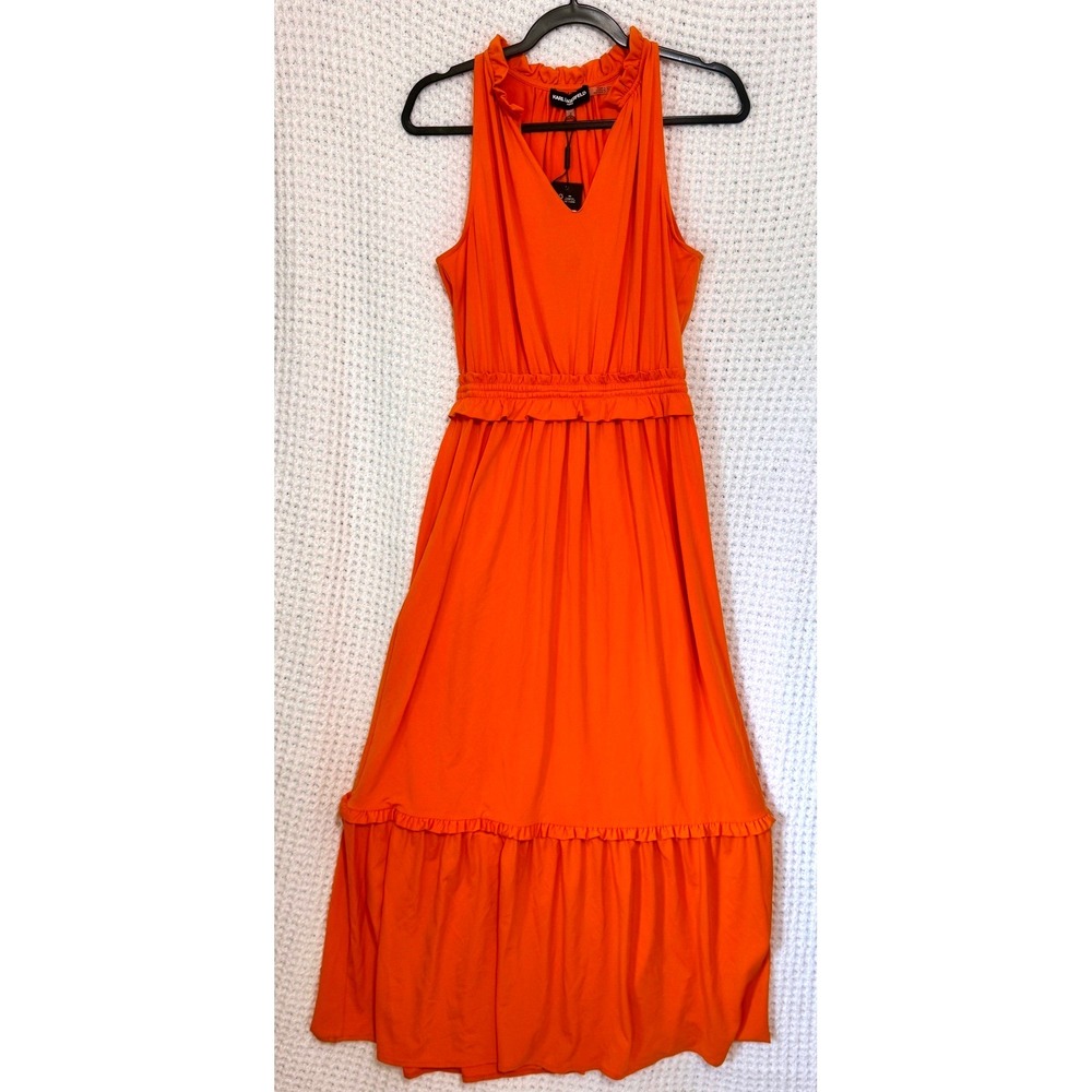 Karl Lagerfeld Paris‎ Women's Orange Sleeveless Ruffle Maxi Dress DISC SHIPPING